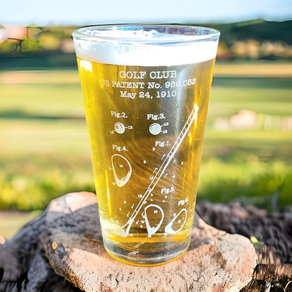 Golf Patent Pint Glass - Engraved Glass - Golfer Gift - Beer Glass - Gift for Dad - Groomsmen Gift - Home Bar - 19th Hole