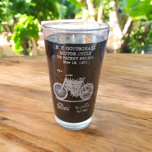 Motorcycle Pint Glass - Engraved Glass - Beer Glass - Vintage Patent - Beer Mug - Pint Glass - Vintage Patent - Patent Gift - Invention