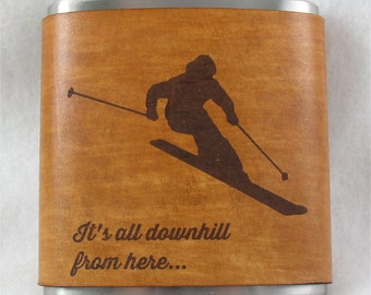 Ski Flask & Snowboard Flasks with Hand Dyed Engraved Leather Wrap - Stainless Steel Flask - FREE Monogramming