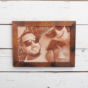 Photograph engraved into leather for a 3rd and 9th anniversary gift.