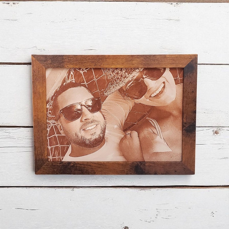 Photograph engraved into leather for a 3rd and 9th anniversary gift.
