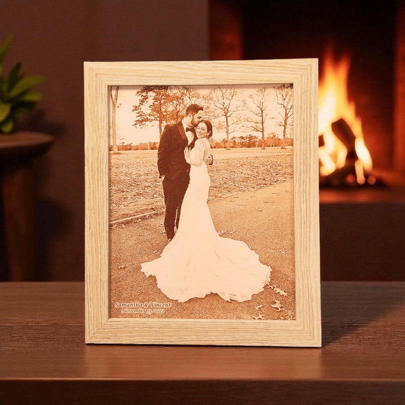 Photograph engraved into leather for a 3rd and 9th anniversary gift.