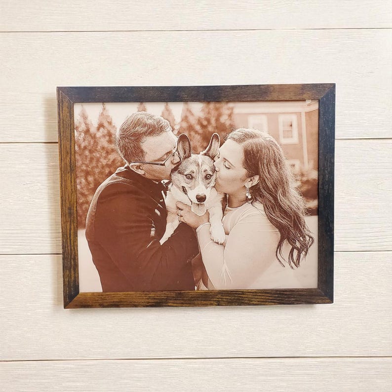 Photograph engraved into leather for a 3rd and 9th anniversary gift.
