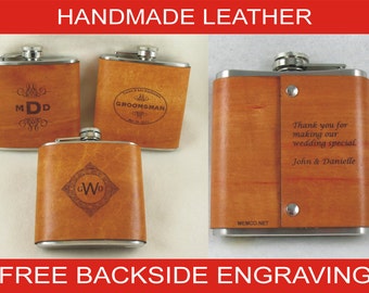 Groomsman Flask or Best Man Flask - Personalized Flask Handmade Leather Flask with FREE Backside Engraving!