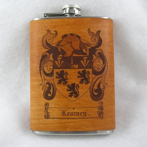 Leather Flask with Family Crest Engraved in Leather - Coat of Arms - 8 ounce - Stainless Steel Flask - Engraved Flask FREE Monogramming
