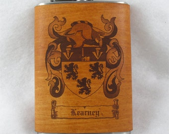 Leather Flask with Family Crest Engraved in Leather - 8 ounce - Stainless Steel Flask - Engraved Flask FREE Monogramming