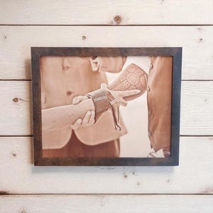 Photograph engraved into leather for a 3rd and 9th anniversary gift.