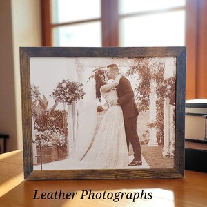 Photograph engraved into leather for a 3rd and 9th anniversary gift.