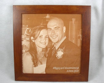 Photograph Engraved in REAL LEATHER - Wedding, 3rd Anniversary or Family Photos Engraved into Leather Anniversary Gift - Third Anniversary