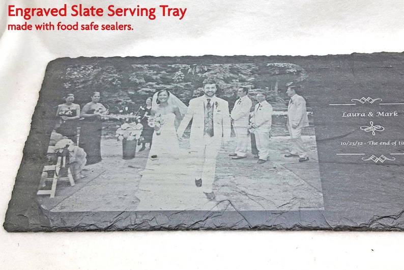 Engraved Photo Slate Tray, Personalized Slate Cheese Board, Wedding Photo, Personalized Wedding Board, Serving Tray, Anniversary Gift image 1