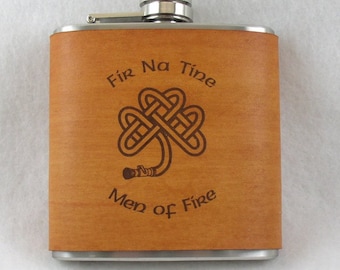 Irish Flask - Flask with Hand Dyed Engraved Leather Wrap - Fireman