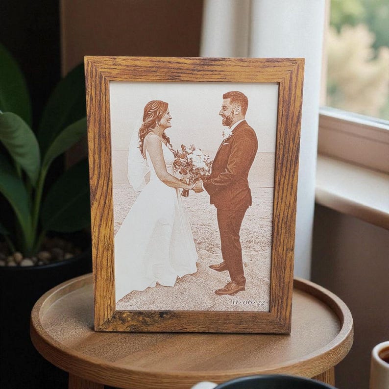 Photograph engraved into leather for a 3rd and 9th anniversary gift.