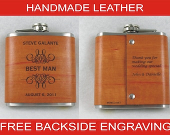 Set of 4 Groomsmen Flasks - Handmade Leather Flask - Personalized Flask with FREE Backside Engraving!