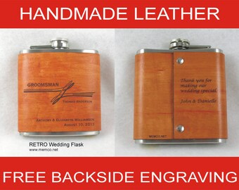 Set of 8 Groomsmen Gifts - Handmade Leather Flasks  Personalized Flask with FREE Backside Engraving