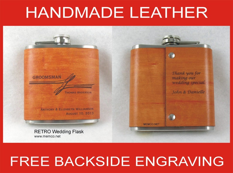 Set of 8 Groomsmen Gifts Handmade Leather Flasks Personalized Flask with FREE Backside Engraving image 1