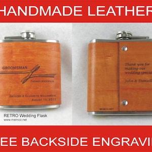 Set of 5 RETRO Engraved Groomsmen Flask Personalized Flask Handmade Leather Flask with FREE Backside Engraving!