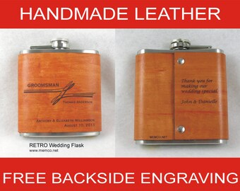 Set of 5 RETRO Engraved Groomsmen Flask Personalized Flask Handmade Leather Flask with FREE Backside Engraving!