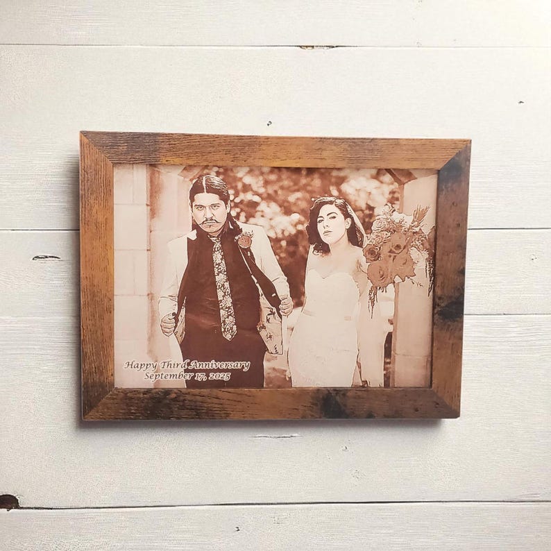 Photograph engraved into leather for a 3rd and 9th anniversary gift.