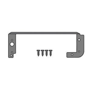 Puede incluir: Un soporte metálico gris con forma rectangular y esquinas redondeadas. El soporte tiene varios agujeros y una abertura circular. Cuatro tornillos negros están colocados debajo. Los elementos están sobre un fondo blanco.