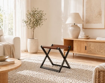 Modern Leather Seat Folding Stool, Metal Frame Accent Furniture
