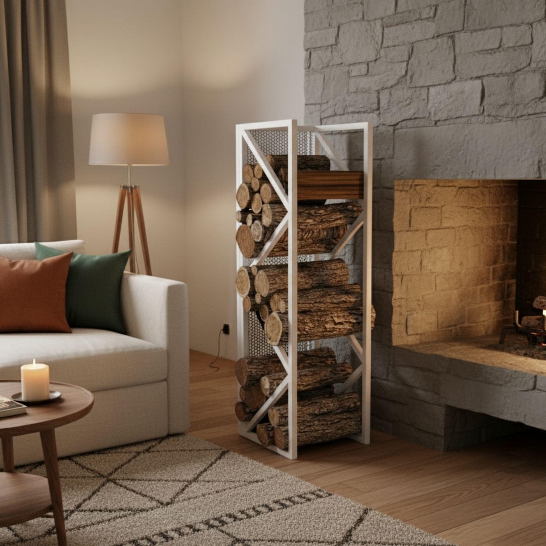 Log Rack Tower Modern Vertical Firewood Rack, Tall Metal Log Holder, Indoor Hearth ...