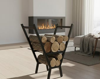 Contemporary Metal Firewood Stand | Minimalist Log Holder for Indoor/Outdoor Use | Elegant Wood Storage