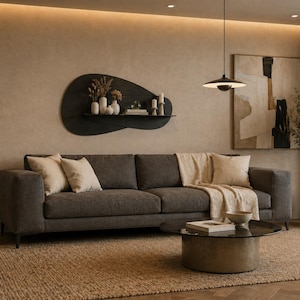 Modernes schwebendes Metallregal, minimalistisches Wohnzimmerdekor, Airbnb-Stahlwandaufbewahrung
