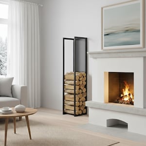 Puede incluir: Un soporte de metal negro para leña lleno de leña apilada se encuentra junto a una chimenea blanca con fuego encendido. Una pintura de paisaje enmarcada cuelga sobre la repisa de la chimenea. La habitación tiene una paleta de colores neutros.