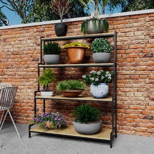 Suporte para plantas de metal e madeira de 4 níveis – Prateleira de jardim para áreas externas e internas, suporte de exposição moderno para vasos de flores