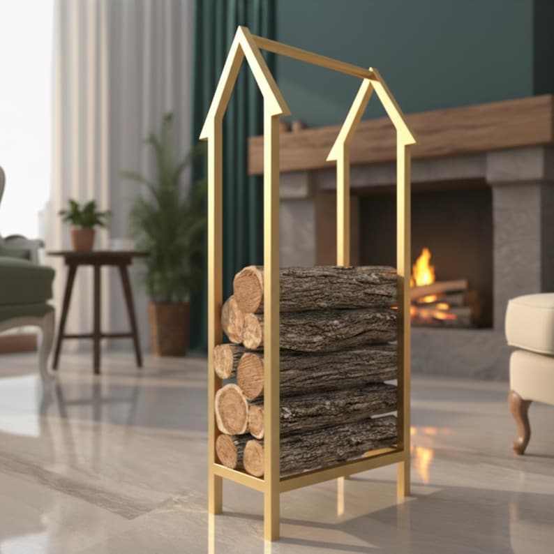 Golden Metal Racks Stylish Tall Metal Firewood Rack – Indoor Log Holder for Living Room ...