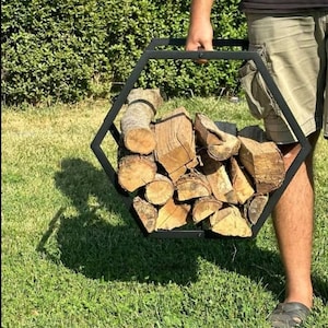 Portable Hexagon Firewood Rack – Modern Metal Log Holder for Fireplace & Fire Pit, Indoor/Outdoor Wood Storage, 3 Sizes (22–30&quot;)