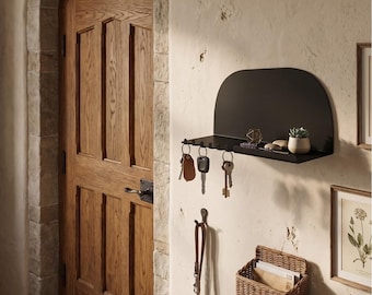 Modern Black Wall Shelf with Key Hooks: Arched Floating Shelf and Organizer for Entryway