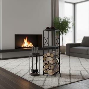 May include: A black metal fireplace tool set and a firewood rack. The rack has a three-shelf design with an X-shaped support. The firewood rack is filled with cut logs. A fireplace with a burning fire is in the background.