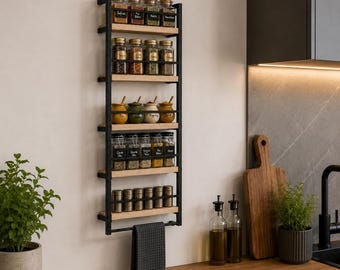 Especiero moderno de pared con estantes de madera para cocina