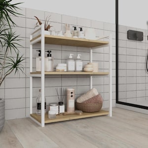 3-Tier Metal and Wood Bathroom Storage Shelf – Modern Freestanding Organizer Rack for Towels & Toiletries