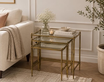Gold Nesting Tables Set of 3 Glass Top Side Tables Modern Living Room Furniture