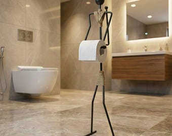Modern Metal Toilet Paper Holder, Unique Figure Bathroom Decor, Minimalist Standing Paper Rack, Industrial Restroom Accessory