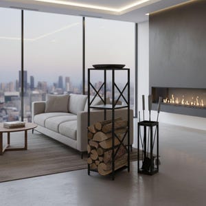 May include: A contemporary living room with a neutral colour scheme. It features a black metal log holder with stacked firewood, a matching fireplace tool set, and a modern sofa. A large window offers a city view.