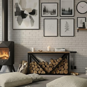 May include: A stylish living room with a fireplace, a wood storage rack, and framed artwork. The room has a neutral colour palette with a brick wall, a clock, and decorative pillows. The fireplace has a burning fire.