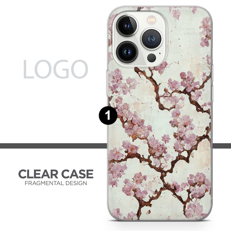 May include: Clear phone case with a floral design. The case features a light background with brown branches and pink blossoms. The text "CLEAR CASE FRAGMENTAL DESIGN" is visible.