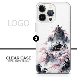 May include: Clear phone case with a Fragmental Design. The case features a watercolour painting of a Japanese landscape with a pagoda, mountains, and cherry blossoms. The case has the text "CLEAR CASE FRAGMENTAL DESIGN".
