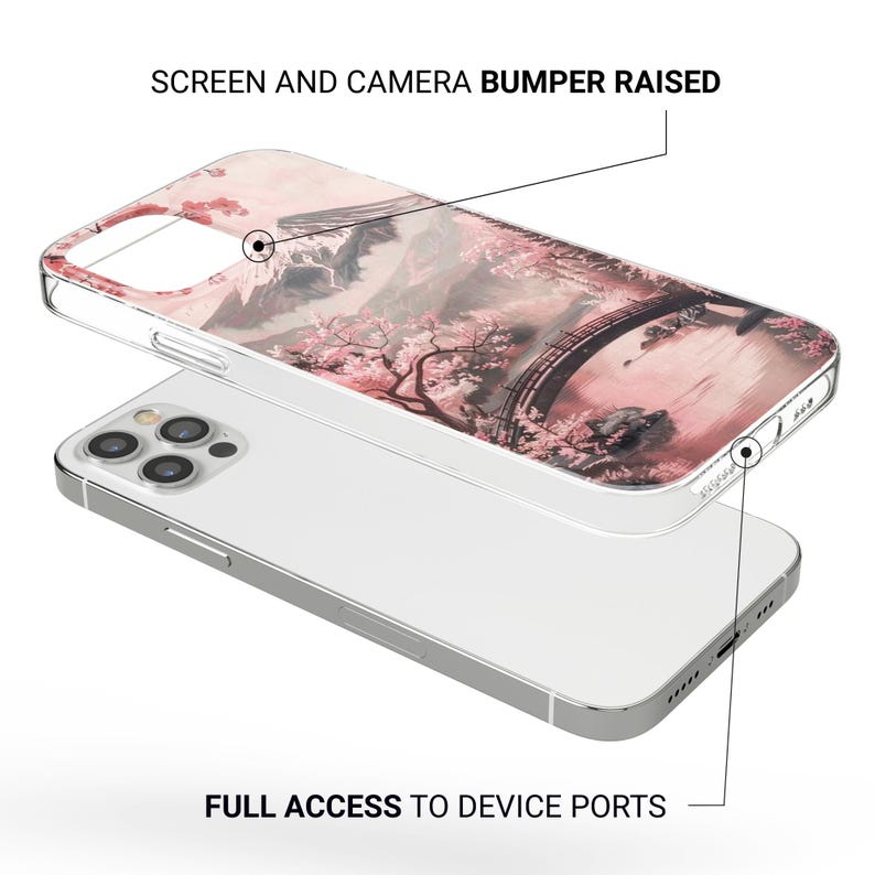May include: Clear phone case with a pink and white landscape design featuring a bridge, trees, and mountains. The case is over a silver phone, with the text "SCREEN AND CAMERA BUMPER RAISED" and "FULL ACCESS TO DEVICE PORTS".