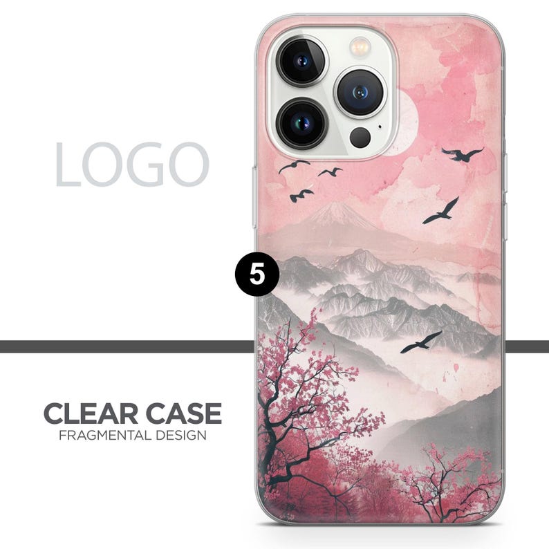May include: Clear phone case with a pink and grey landscape design. The case features a mountain range, cherry blossom trees, flying birds, and a full moon. The text "CLEAR CASE FRAGMENTAL DESIGN" is printed on the case.