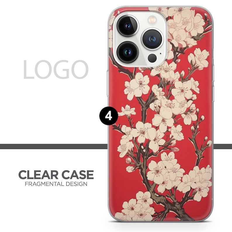May include: A clear phone case with a red background and a floral design. The design features white flowers and brown branches. The text "CLEAR CASE FRAGMENTAL DESIGN" is printed at the bottom of the case.