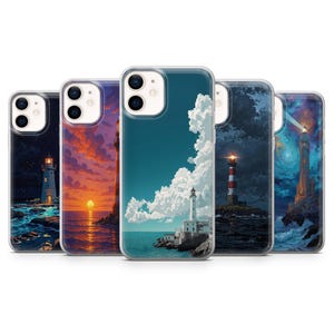 May include: A collection of five phone cases featuring lighthouse designs. Each case showcases a different coastal scene, including sunsets, starry nights, and dramatic cloud formations. The lighthouses are depicted in various styles, with detailed artwork and vibrant colors.