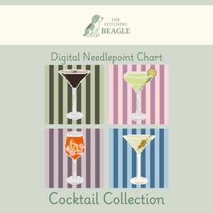 Pode incluir: Gráfico digital de ponto de cruz com quatro copos de cocktail: um martini escuro, uma margarita com limão, um cocktail de laranja e um martini com azeitona. Inclui o texto "Cocktail Collection".