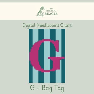 May include: Digital needlepoint chart featuring a magenta letter "G" on a teal and light blue striped background. The text "G - Bag Tag" is at the bottom. The top of the image has the logo "The Stitching Beagle".