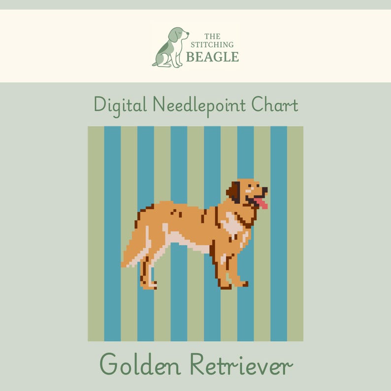 May include: Digital needlepoint chart featuring a pixelated Golden Retriever dog. The dog is depicted in shades of brown and tan, with its tongue sticking out. The background has vertical stripes of blue and green. The text "Golden Retriever" is below the image.