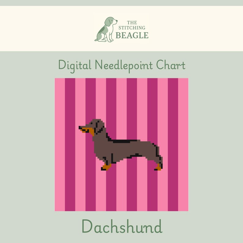 May include: Digital needlepoint chart featuring a pixelated dachshund dog. The dog is brown with a tan snout and paws, set against a pink and magenta striped background. The text "Dachshund" is below the image.