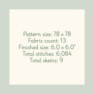 May include: A square image with text detailing cross-stitch project specifications. The text includes pattern size (78 x 78), fabric count (13), finished size (6.0 x 6.0 inches), total stitches (6,084), and total skeins (9). The background is a light green.